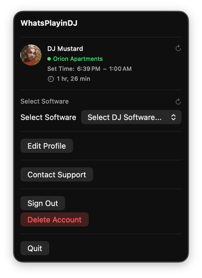 DJ Console showing an active venue assignment