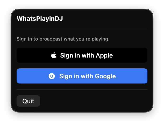 DJ Console sign-in screen with Apple and Google options